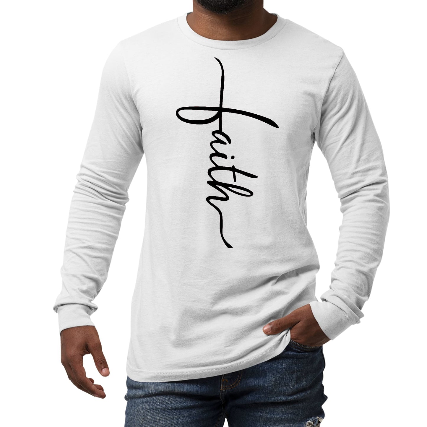 Mens Long Sleeve Graphic T-shirt - Faith Script Cross Black