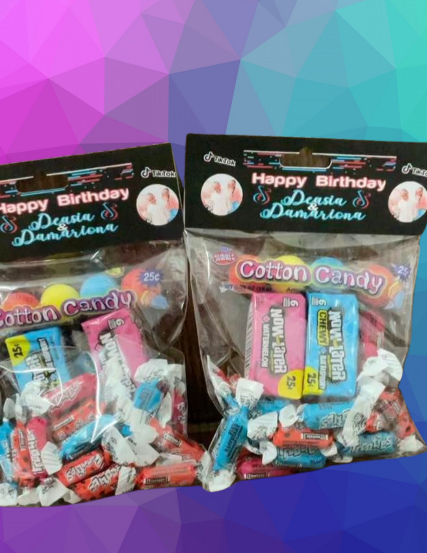 A group of bags of candy with custom K B N K Candy Bag Topperz to match the event theme.